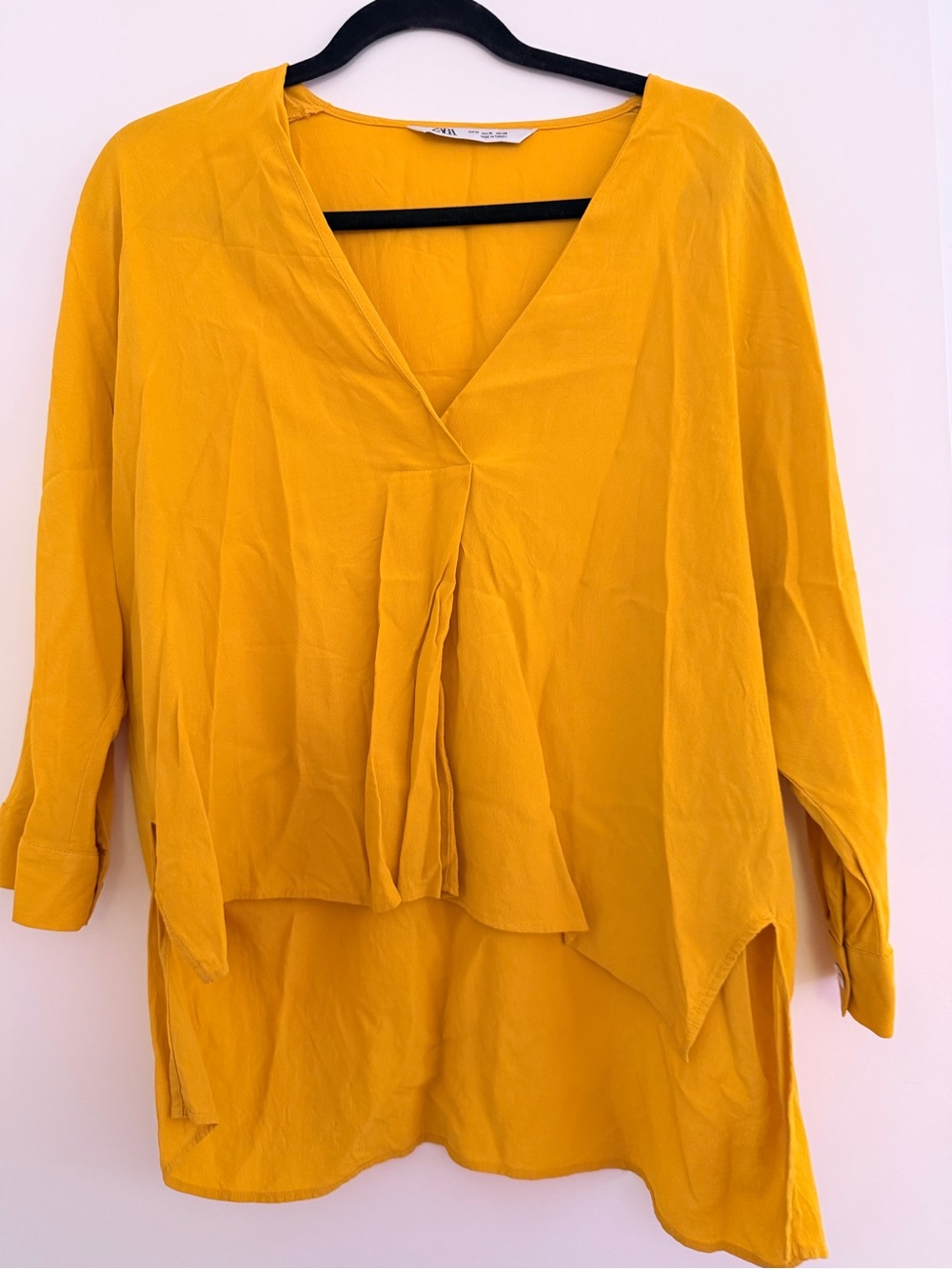 Zara Women's Mustard V-Neck Pleat Front Blouse